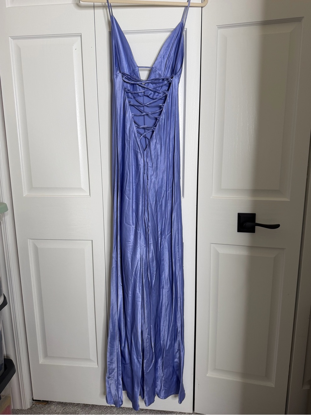Blue/Periwinkle Slip Maxi Dress with Spaghetti Straps | Corset tie-up back - Picture 6 of 8